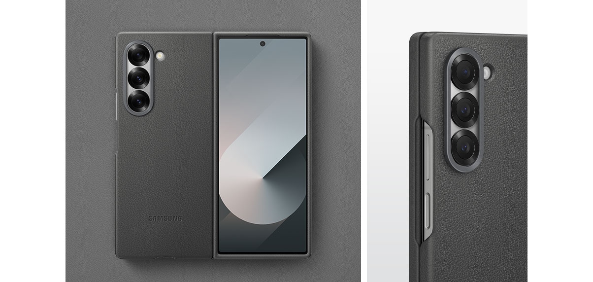 2) The Kindsuit Case in gray, a flat lay of the phone against a swatch of the soft vegan leather material of the case, and a close-up of the phone and case showing how the case fits the contours and edges of the phone perfectly.