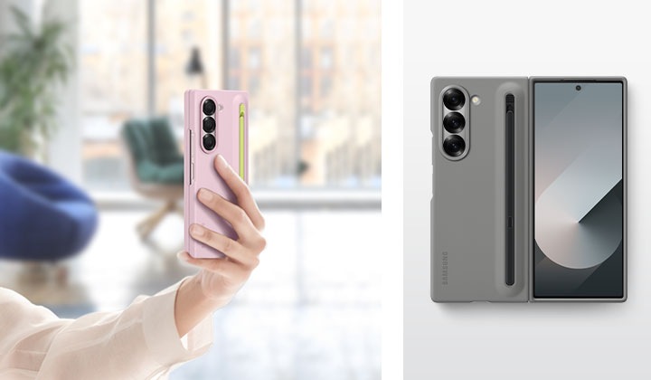 The left one is of a hand comfortably holding up a folded Galaxy Z Fold6 in a pink-coloured S Pen Case against a background of a well-lit luxurious home. The right one is a top shot of the Galaxy Z Fold6 in a gray-coloured S Pen Case, fully unfolded, showcasing the premium fit of the case on the phone.