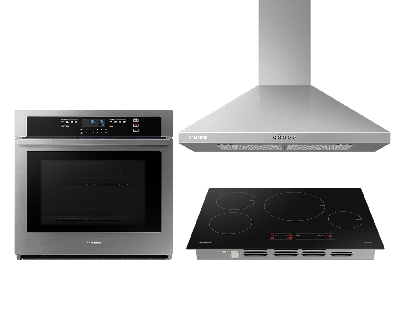 Image of Samsung Stainless Steel Single Wall Oven, 30  Induction Cooktop, 30  Wall Mount Hood