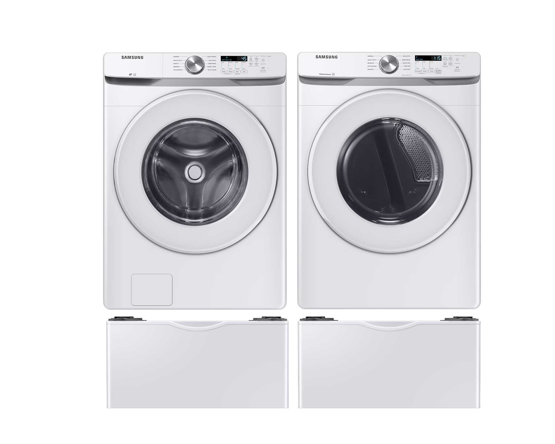Image of Samsung 5.2 cu.Ft. Front Load Washer Self Clean+, 7.5 Cu.Ft. Electric Dryer Pedestals