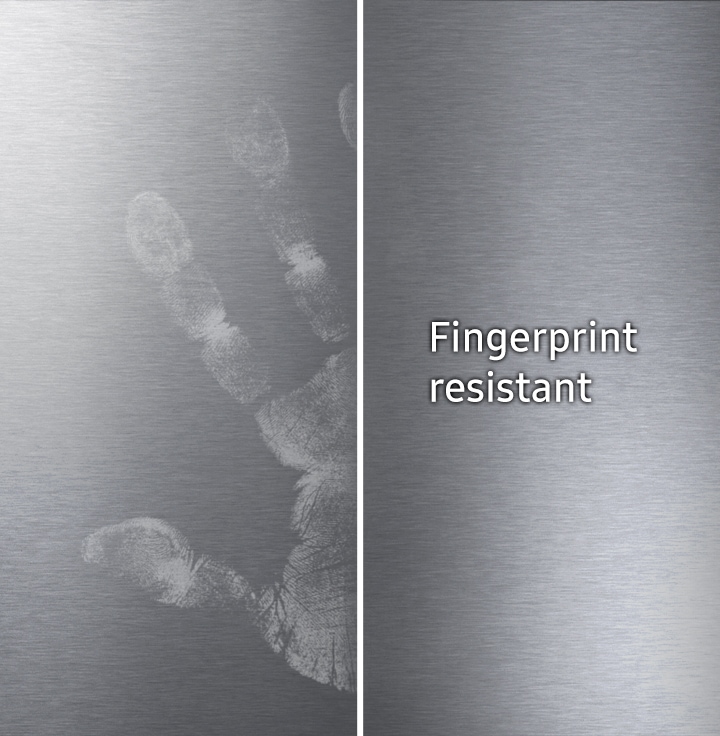 Shows how the surface of the fridge stays free of fingerprints and smudges compared to a normal fridge.