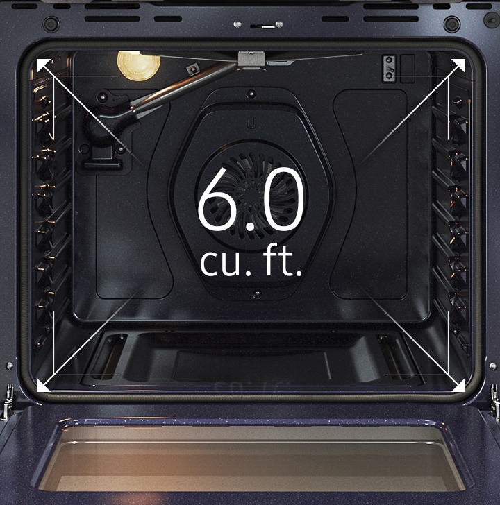 A close-up of the spacious inside of the oven with arrows illustrating its 6.0 cu. ft. capacity.