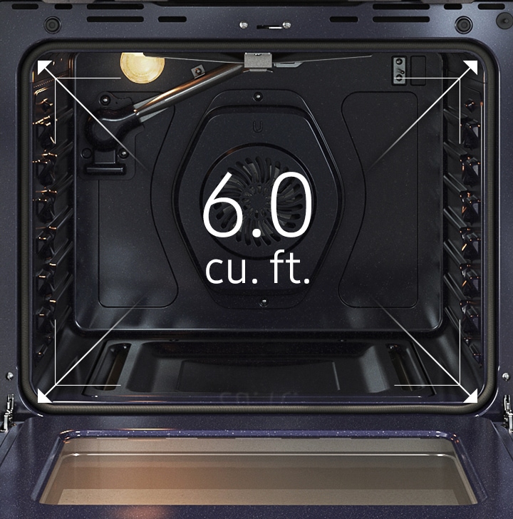 A close-up of the spacious inside of the oven with arrows illustrating its 6.0 cu. ft. capacity.
