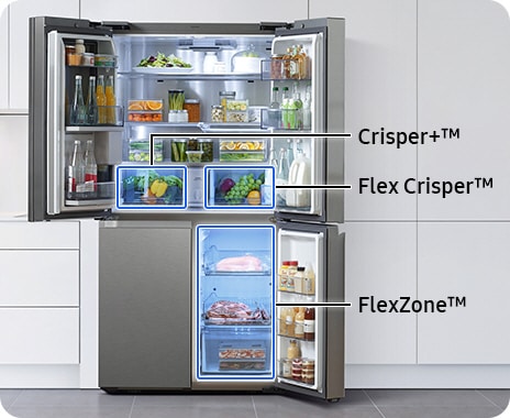 The refrigerator’s three doors are open to display the different compartments of the fridge. The Crisper+ drawer is in the upper left, while Flex Crisper is in the upper right of the fridge. On the bottom right of the fridge is the FlexZone.