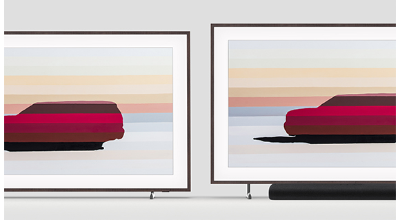 The Frame shows artwork and is using Height Adjustable Stand, illustrating its vertical height adjustability featurewhich allows it to fit a soundbar underneath The Frame's screen.