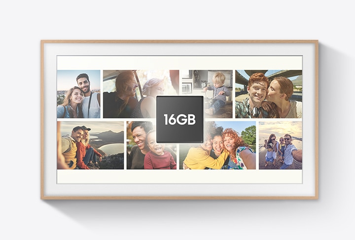 Various user photos of family and friends are displayed on The Frame. On top of the pictures is a black square graphic which shows the words 16 GB.