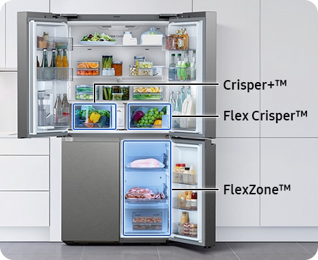The refrigerator’s three doors are open to display the different compartments of the fridge. The Crisper+ drawer is in the upper left, while Flex Crisper is in the upper right of the fridge. On the bottom right of the fridge is the FlexZone.