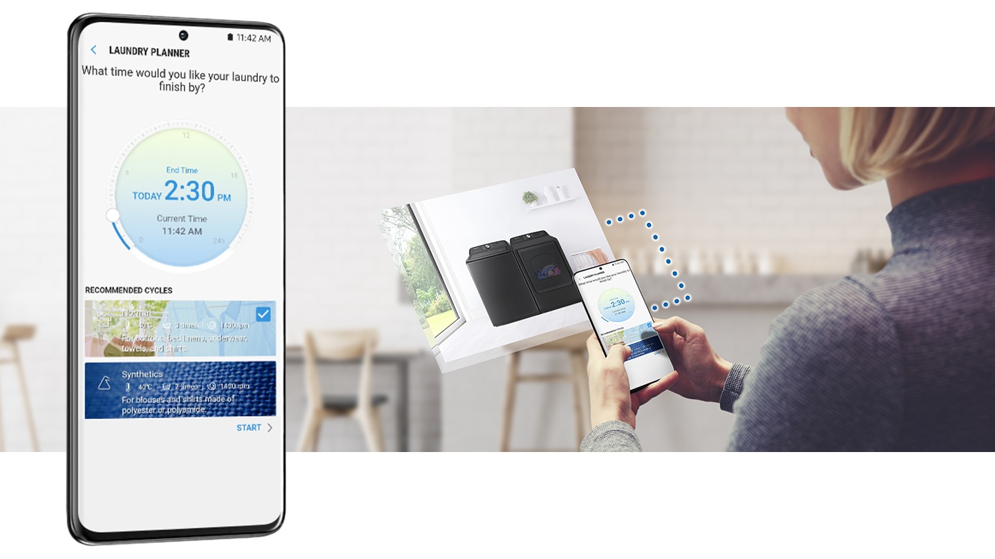 The wash cycle controlled via the SmartThings app. You can set the finish time for laundry with Laundry Planner.