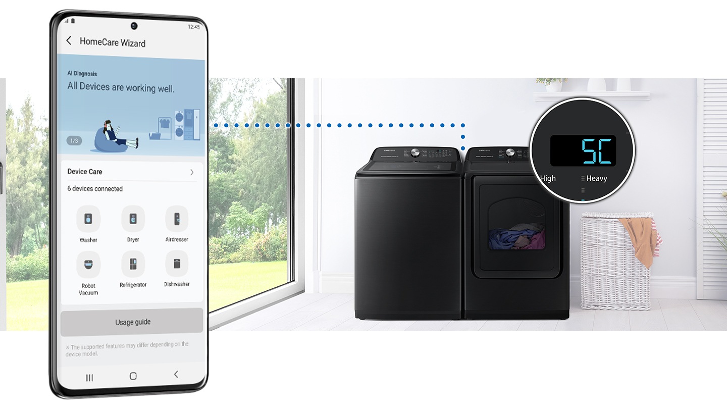 The wash cycle controlled via the SmartThings app. HomeCare Wizard gives notifications such as “5C”.