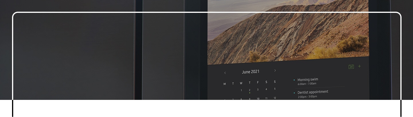 The Family Hub screen has a mountain scene. Underneath it is a calendar and a to-do list.