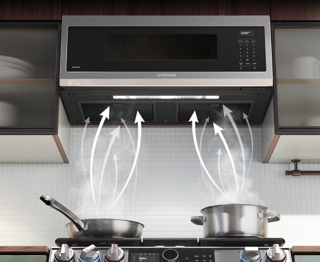 Shows the OTR's hood with arrows illustrating how fumes and steam are captured from the food being prepared on the cooktop.