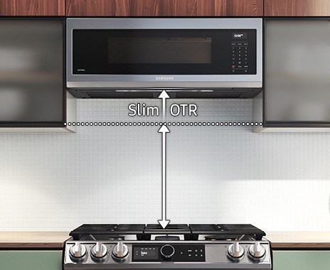 Shows the OTR fitted above a cooktop with vertical arrows illustrating the extra space that is created by its slim design.