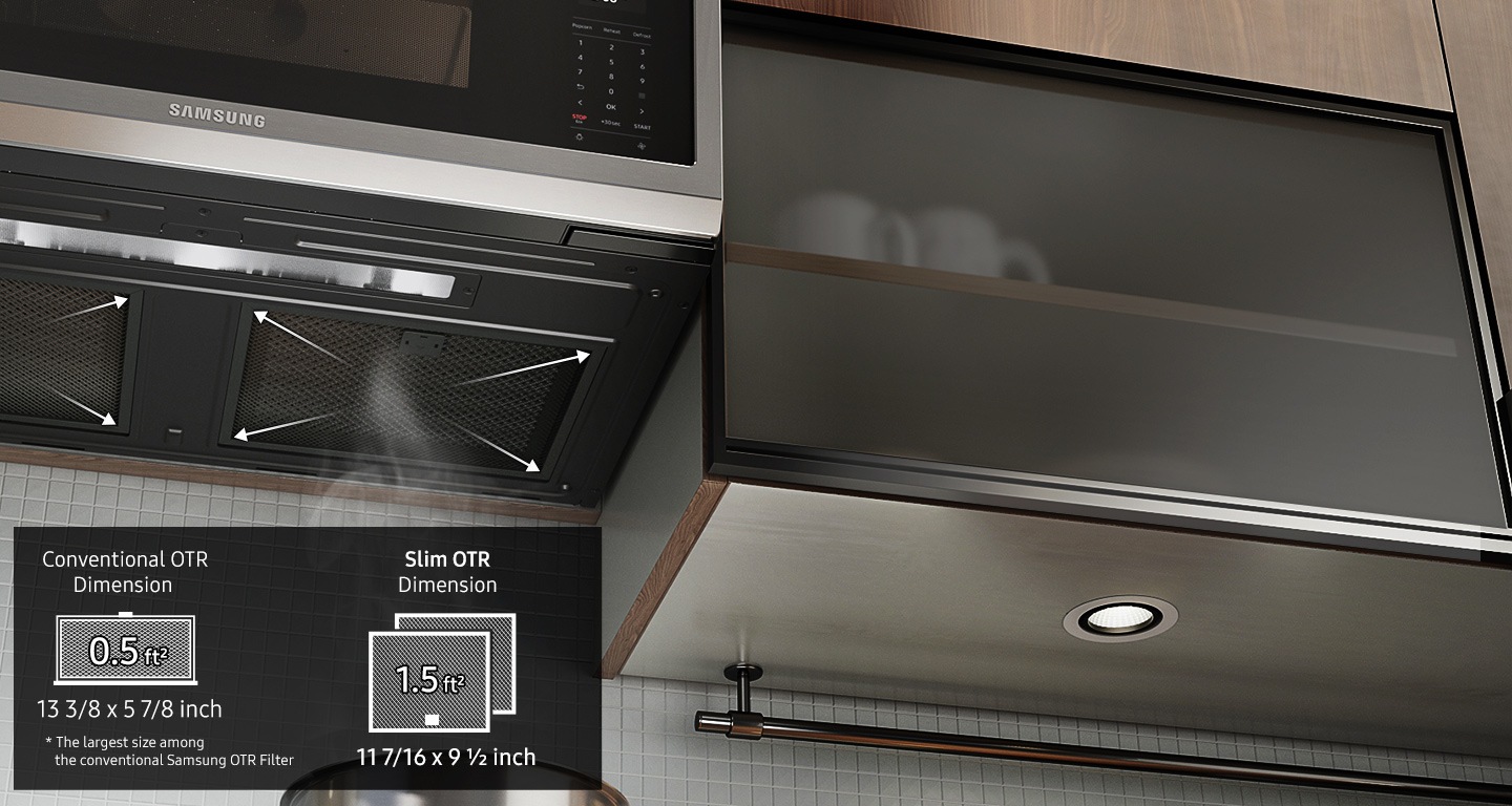 Shows a close up of the OTR's Dual Wide Grease Filter with arrows illustrating its increased width. The text shows that the largest size filter of a conventional Samsung OTR has dimensions of 13 3/8 x 5 7/8 inches and a capacity of 0.5ft². The Slim OTR has dimensions of 11 7/16 x 9 1/2 inches and a much larger capacity of 1.5ft².