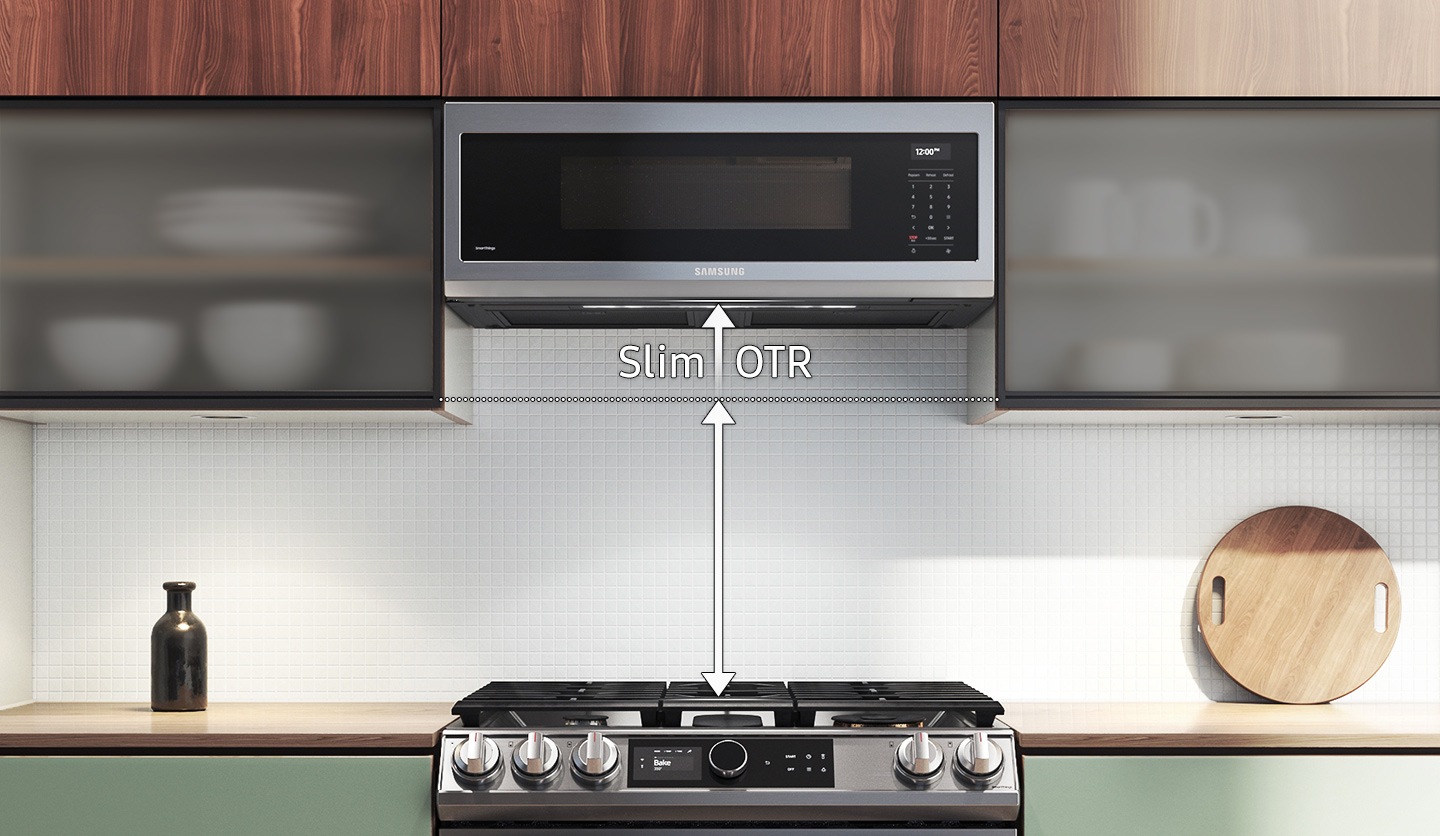 Shows the OTR fitted above a cooktop with vertical arrows illustrating the extra space that is created by its slim design. Looking inside the OTR its 1.1 cu. ft. capacity is highlighted in text and different sized items are shown in the oven: a cup of coffee, a pasta dish and a large casserole.