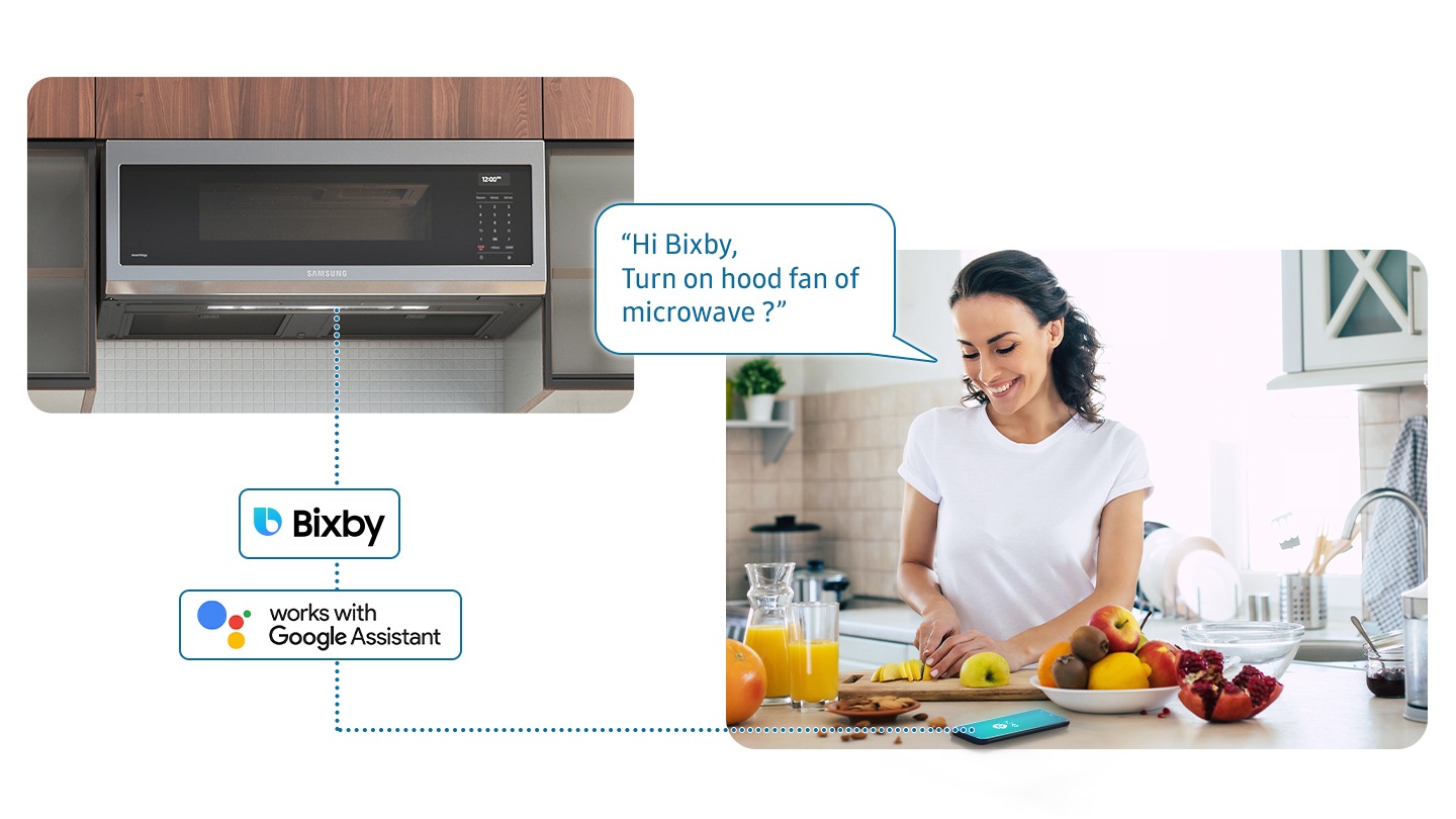 Shows a person cooking while controlling the OTR with their voice using a smartphone app, such as Samsung Bixby and Google Assistant.