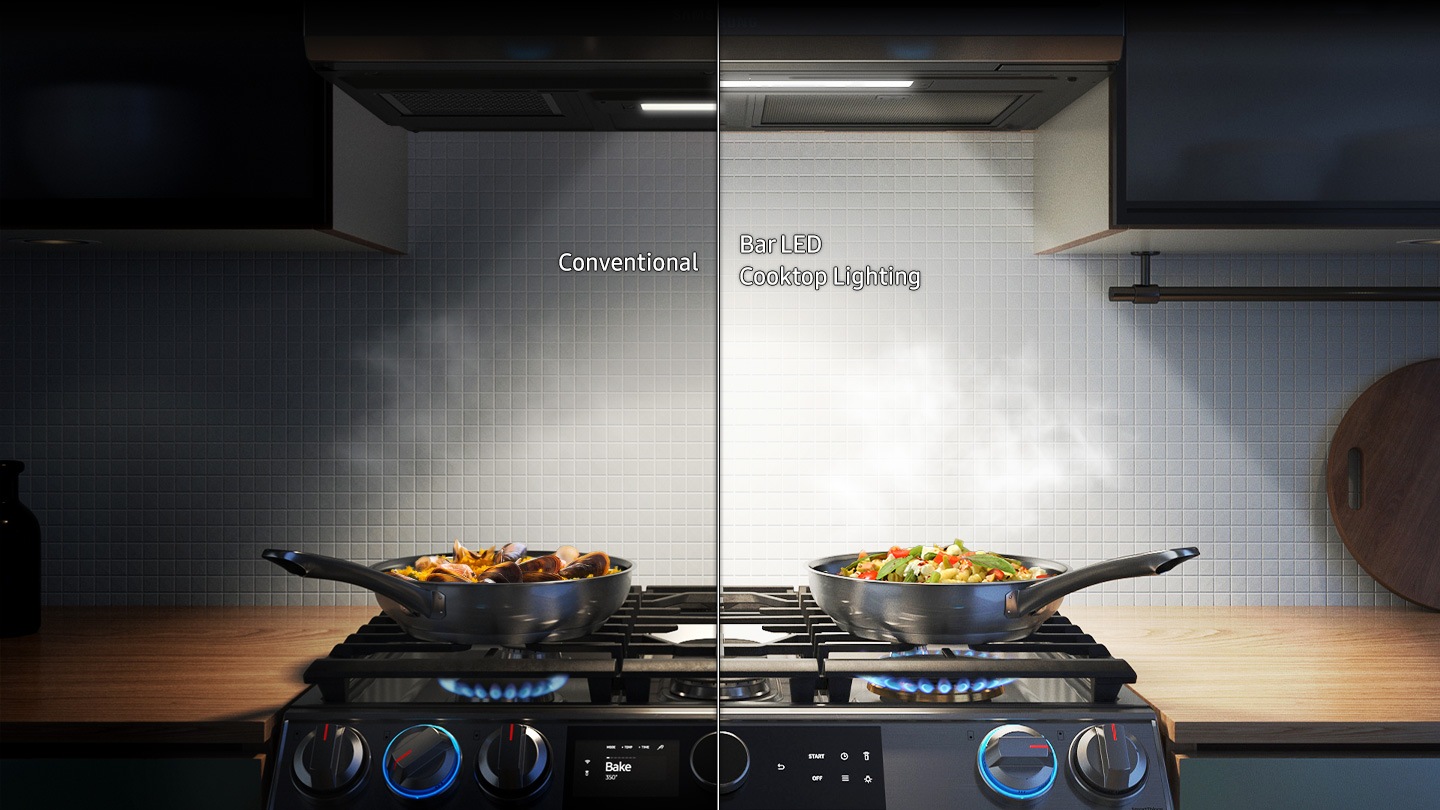 Shows a cooktop with food cooking in two pans. The left side is illuminated by conventional lighting and is quite dark. The right side is illuminated by Bar LED Cooktop Lighting and is much brighter, so it is easier to see what is cooking.