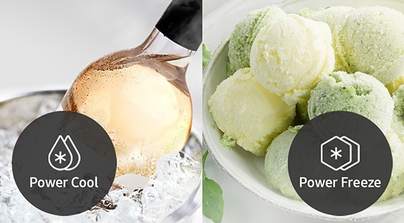 On the left is a Power Cool icon with cold wine, on the right is an ice cream and a Power Freeze icon.