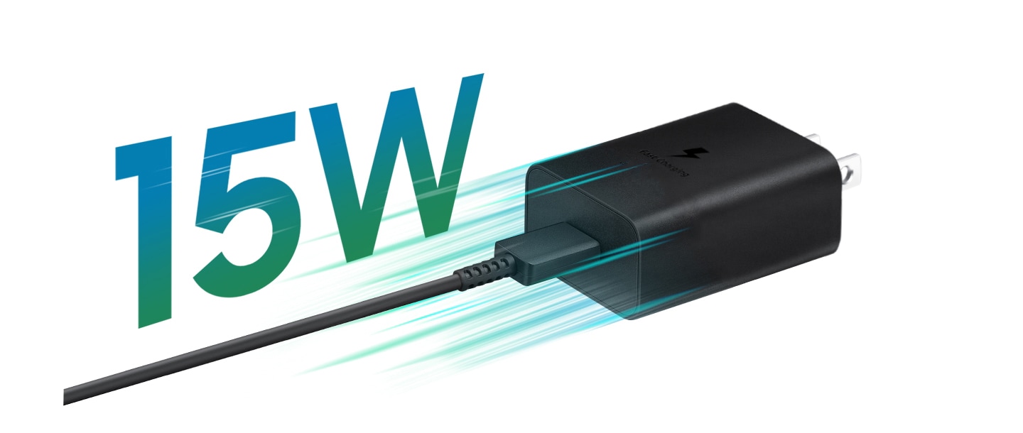 Un adaptador USB tipo C negro tiene rayas verdes alrededor que indican carga rápida.  El texto 15W está encima del cable en verde.