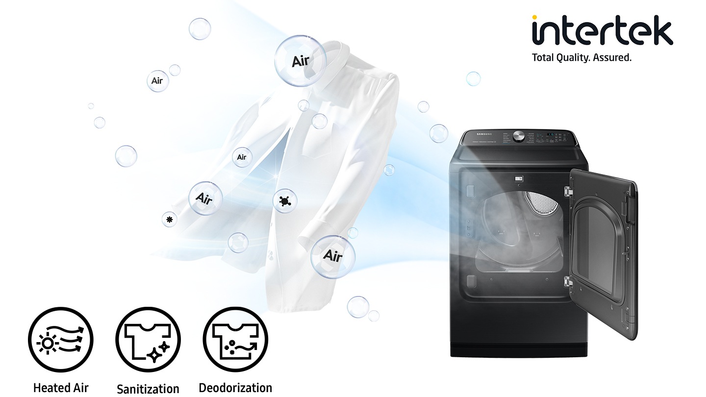 Strong air current from dryer is being blown to a white shirt. Icons below describe sanitization and deodorization with heated air.