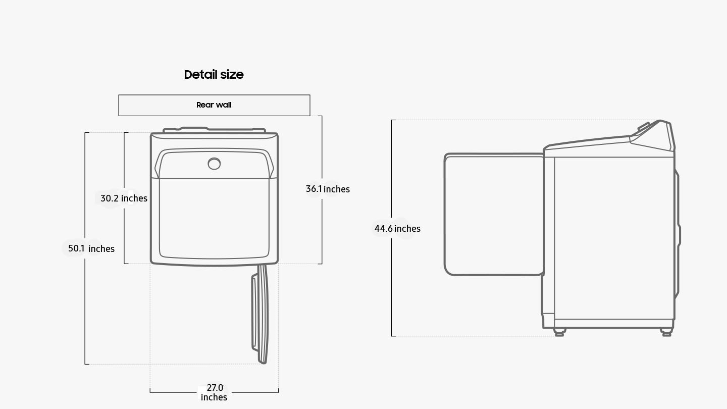 The dryer is  686mm wide, 768mm deep, and 1134mm tall. The depth is 918mm including the space between the back of the Washer and the rear wall. The depth is 1273mm when the door is opened to 90 degrees.