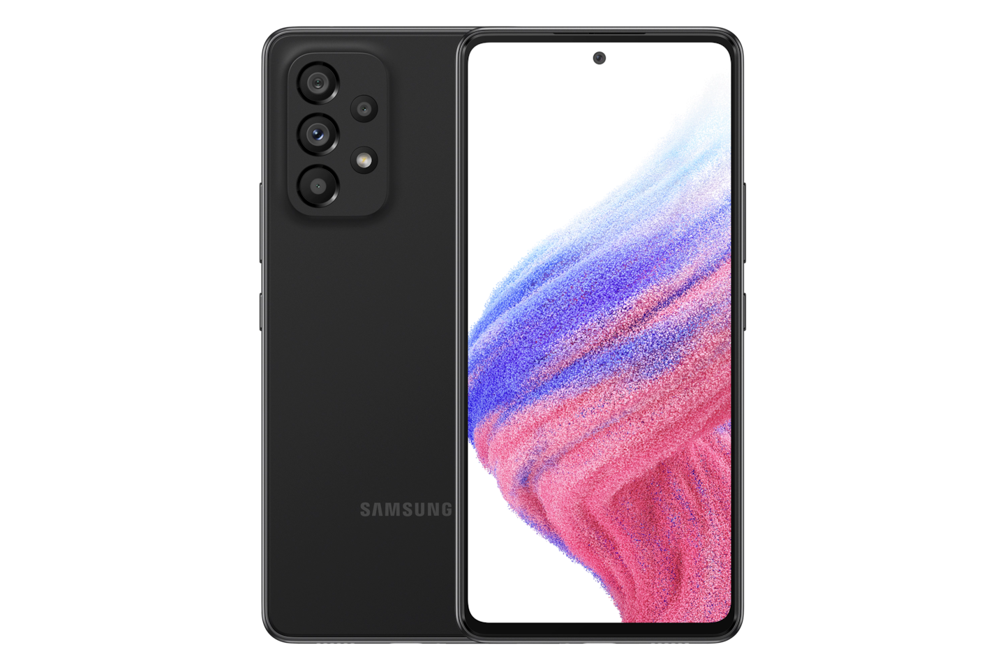 Galaxy A53 5G in Awesome Black seen from the front with a colorful wallpaper onscreen. It spins slowly, showing the display, then the smooth rounded side of the phone with the SIM tray, then the matte finish and the minimal camera housing on the rear and comes to a stop at the front view again.