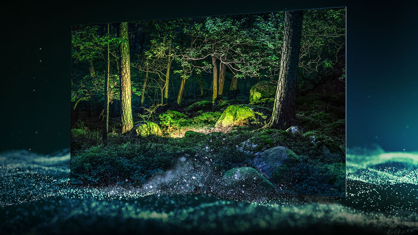 Turquoise firefly-like lights are moving below a OLED screen, which shows a forest in vivid colors.