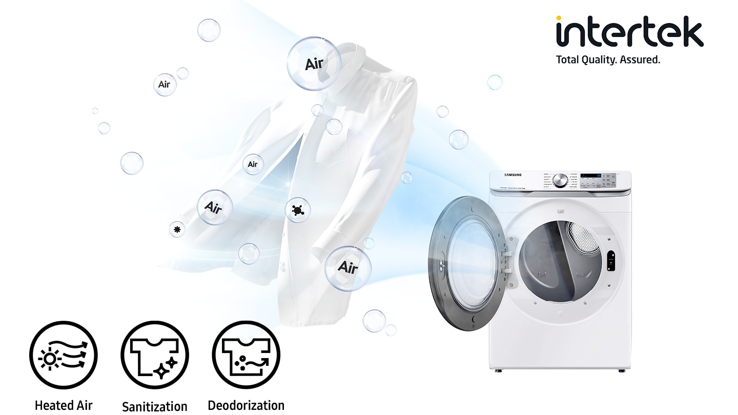 To show cleanliness, a strong air current is being blown to a white shirt where it stands next to an open dryer door. Icons below describe sanitization and deodorization with heated air.