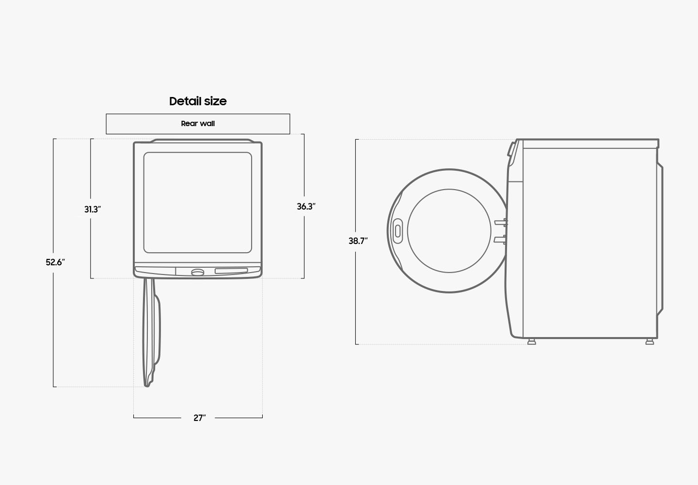 The Dryer is 686mm wide, 794mm deep, and 984mm tall. The depth is 926mm including the space between the back of the Washer and the rear wall. The depth is 1335mm when the door is opened to 90 degrees.