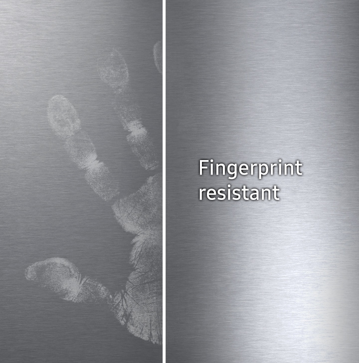 Shows how the surface of the dishwasher stays free of fingerprints and smudges compared to a normal dishwasher.