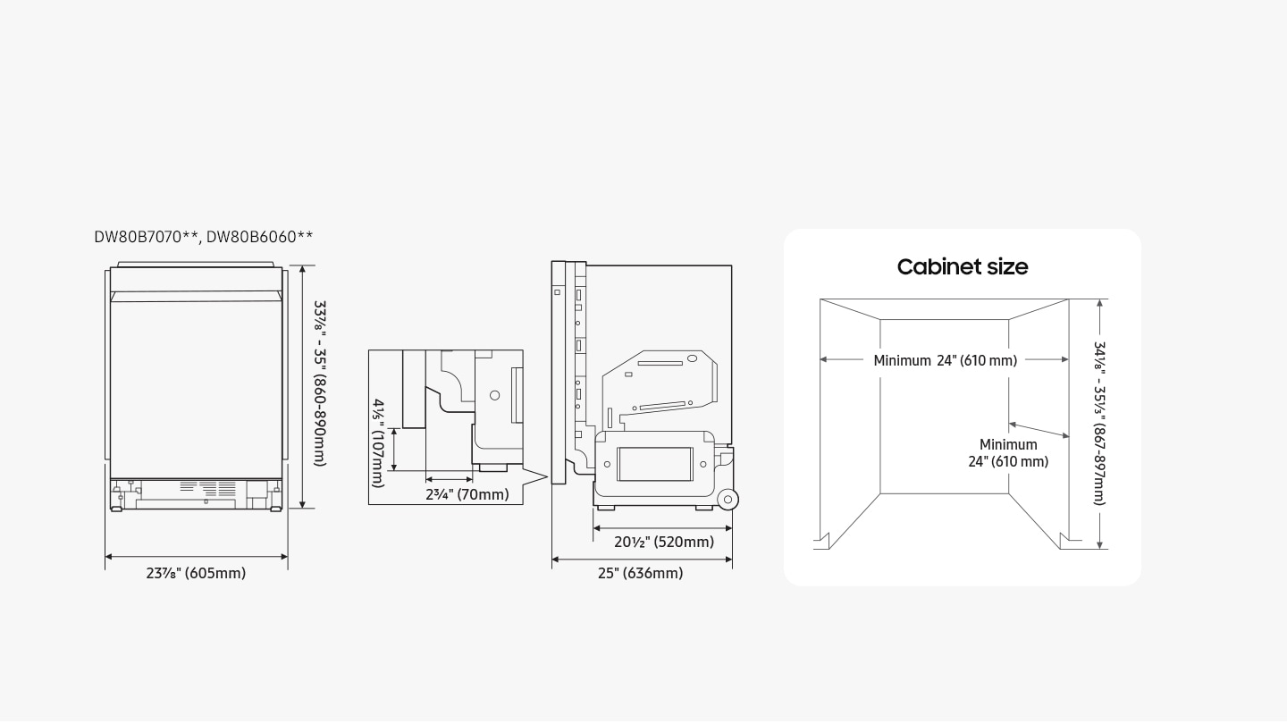 Diagrams highlight the dimensions of the dishwasher models DW80B7070** and DW80B6060**: height = 33 7/8 - 35" (860-890mm), width = 23 7/8" (605mm), depth (incl. door) = 25" (636mm), depth (excl. door) = 20 1/2” (520mm). The bottom of the door is 4 1/5" (107mm) higher than the base and there is a gap of 2 3/4" (70mm) behind it to allow it to open. Another diagram shows the minimum size of the cabinet space that the dishwasher can be installed in: height = 34 1/8 - 35 1/3" (867-897mm), width = 24" (610mm), depth = 24" (610mm).