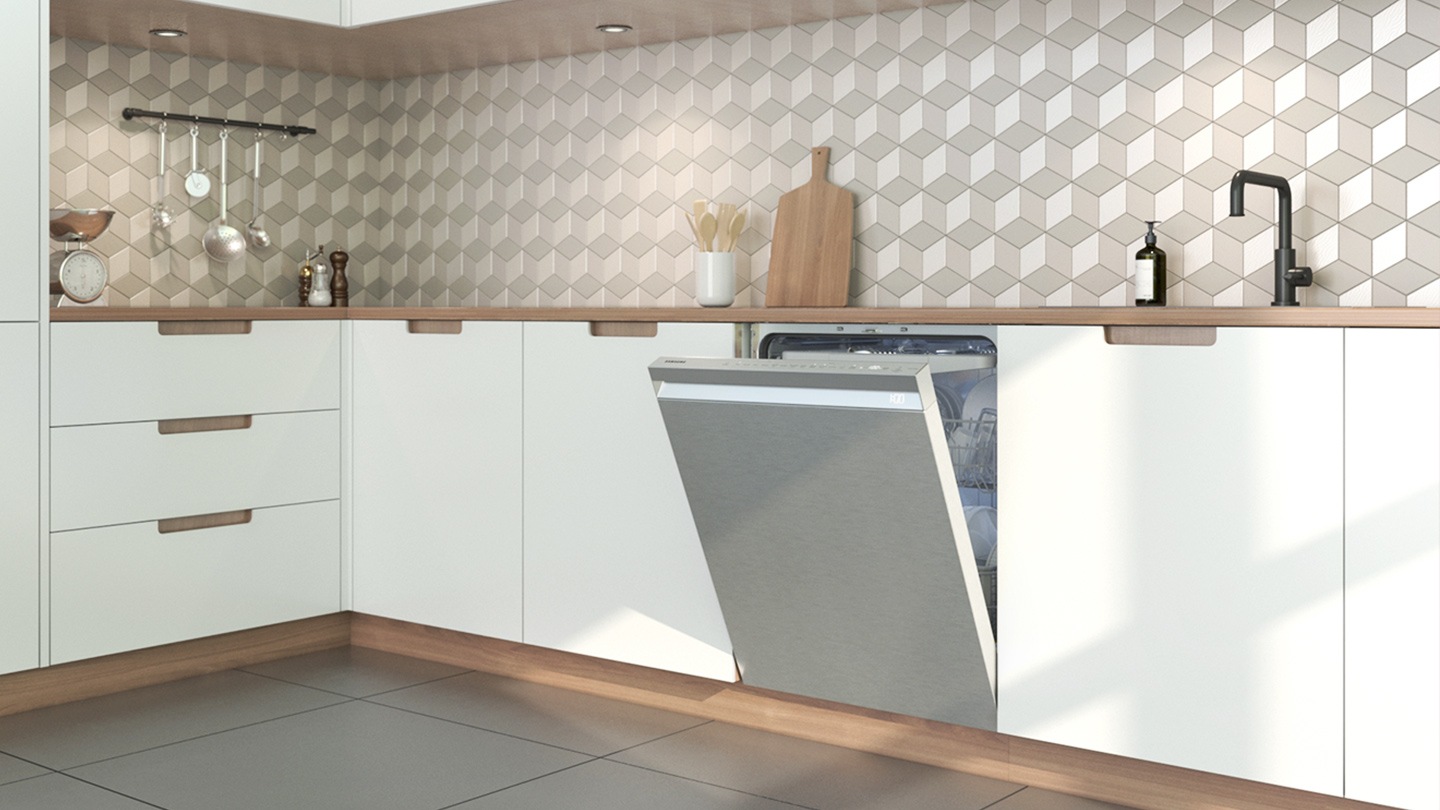 Shows the dishwasher with the door open, seamlessly fitted into a modern kitchen.