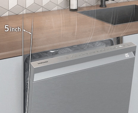 Shows how the dishwasher door automatically opens 5 inches at the end of a cycle to allow steam to escape.