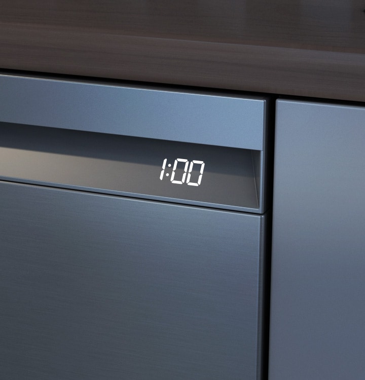 Shows a close-up of the Time Display on the front of the dishwasher, which shows the estimated hours and minutes left until the cycle ends.