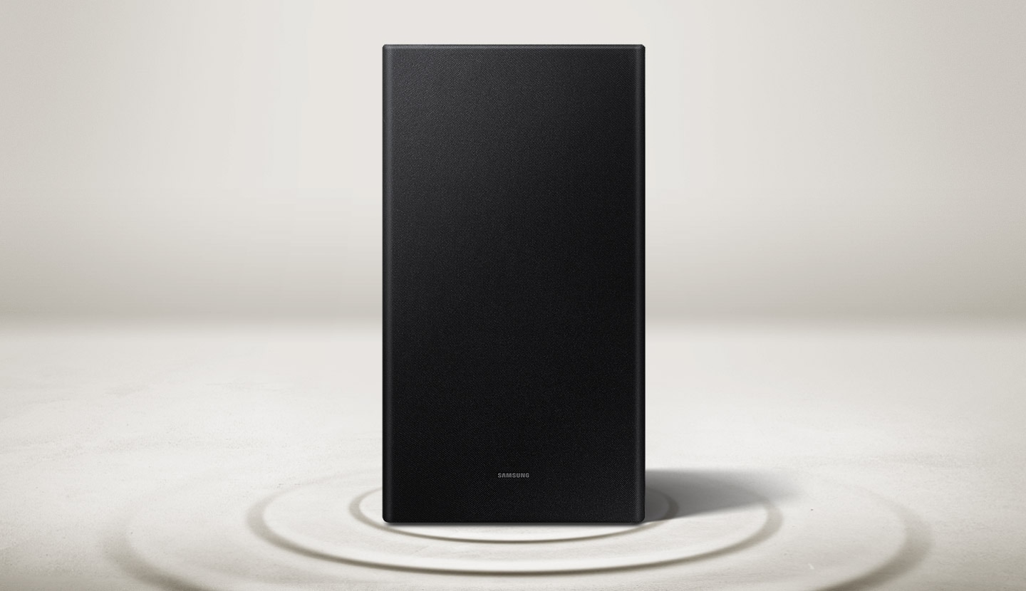 Vibration rings expand from a Samsung subwoofer on beat with the music to show the soundbar's powerful bass.