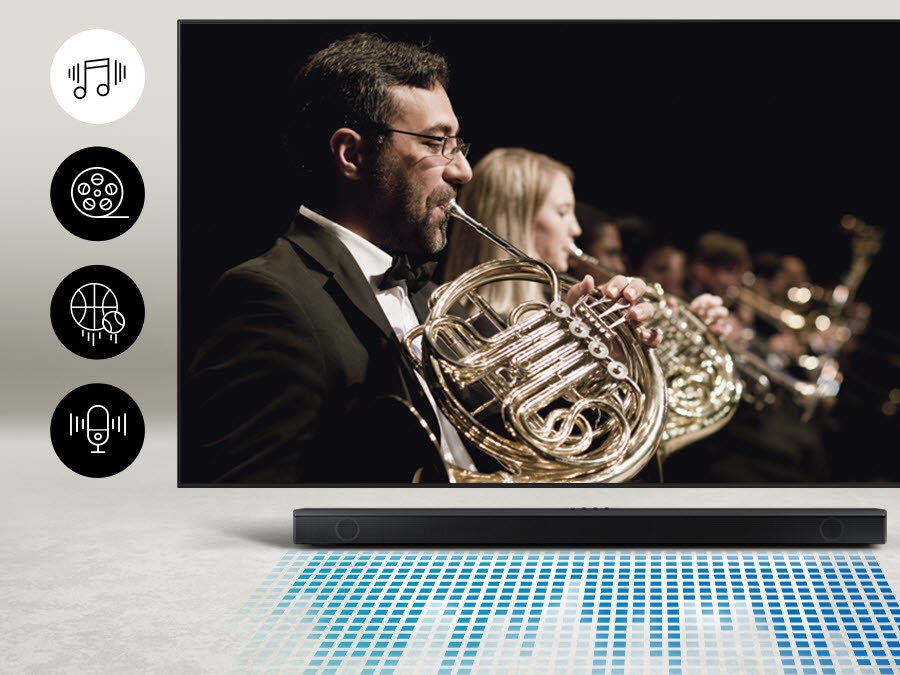 A TV shows orchestra and the soundbar shows it's audio waves. Music, movie, motorsport, and news icon can be seen on left.