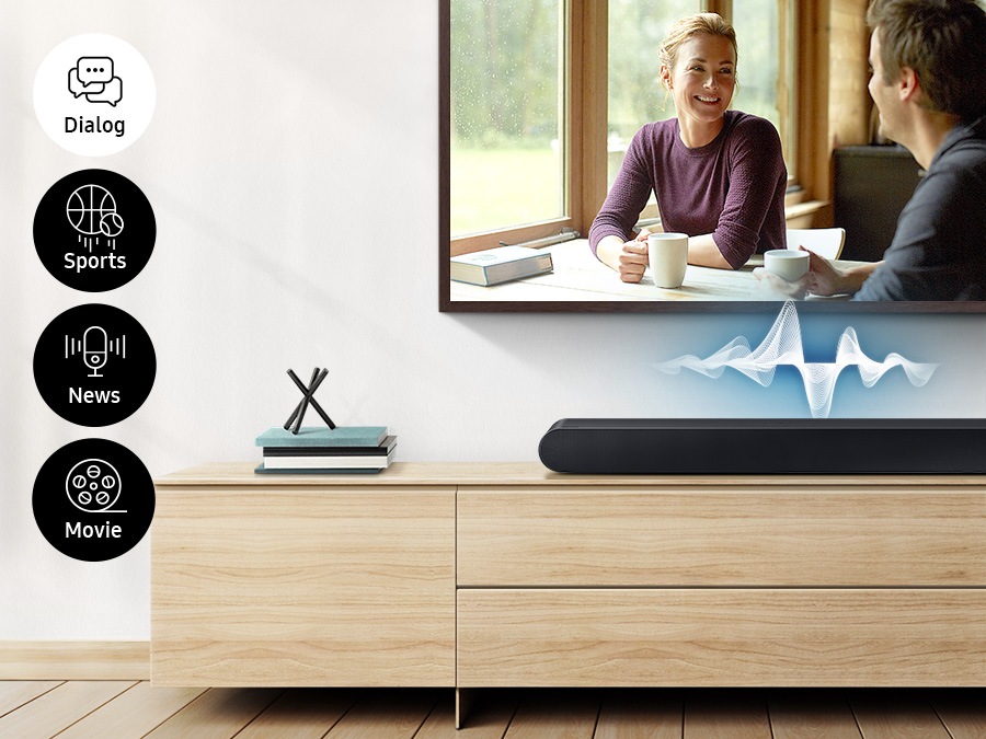 A TV display changes from dialogue, sports, news, to movies and the soundbar shows different audio waves for each to show how the soundbar adapts to voices within each content.