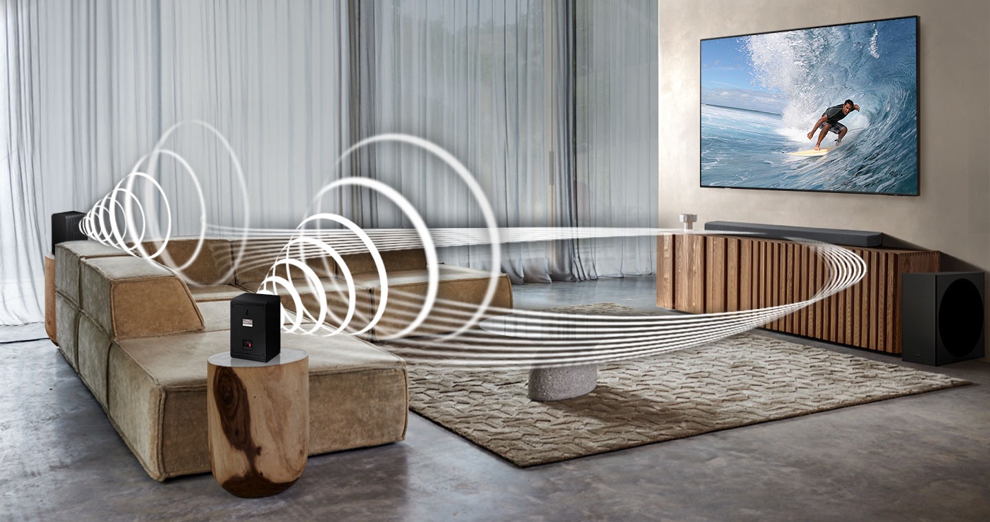Soundwave graphics are playing from rear speakers and soundbar, demonstrating Wireless Dolby Atmos surround sound feature of Samsung Wireless Rear Speaker SWA-9200S.