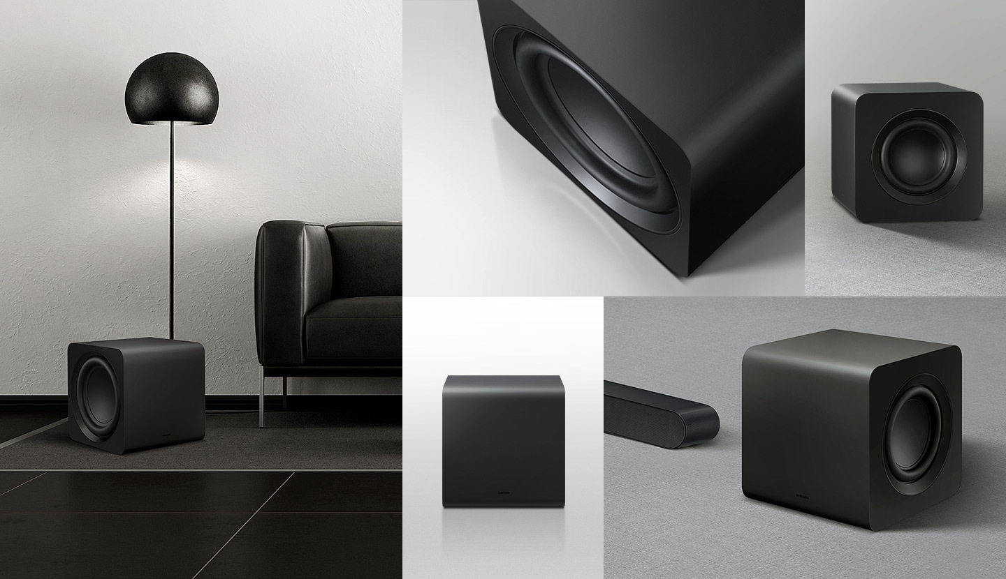 A close-up view of the subwoofer is shown from various angles.