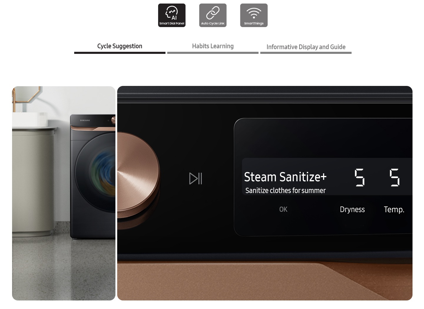 The AI dryer’s control panel displays the Cycle Suggestion, Habits Learning and Informative Display and Guide.