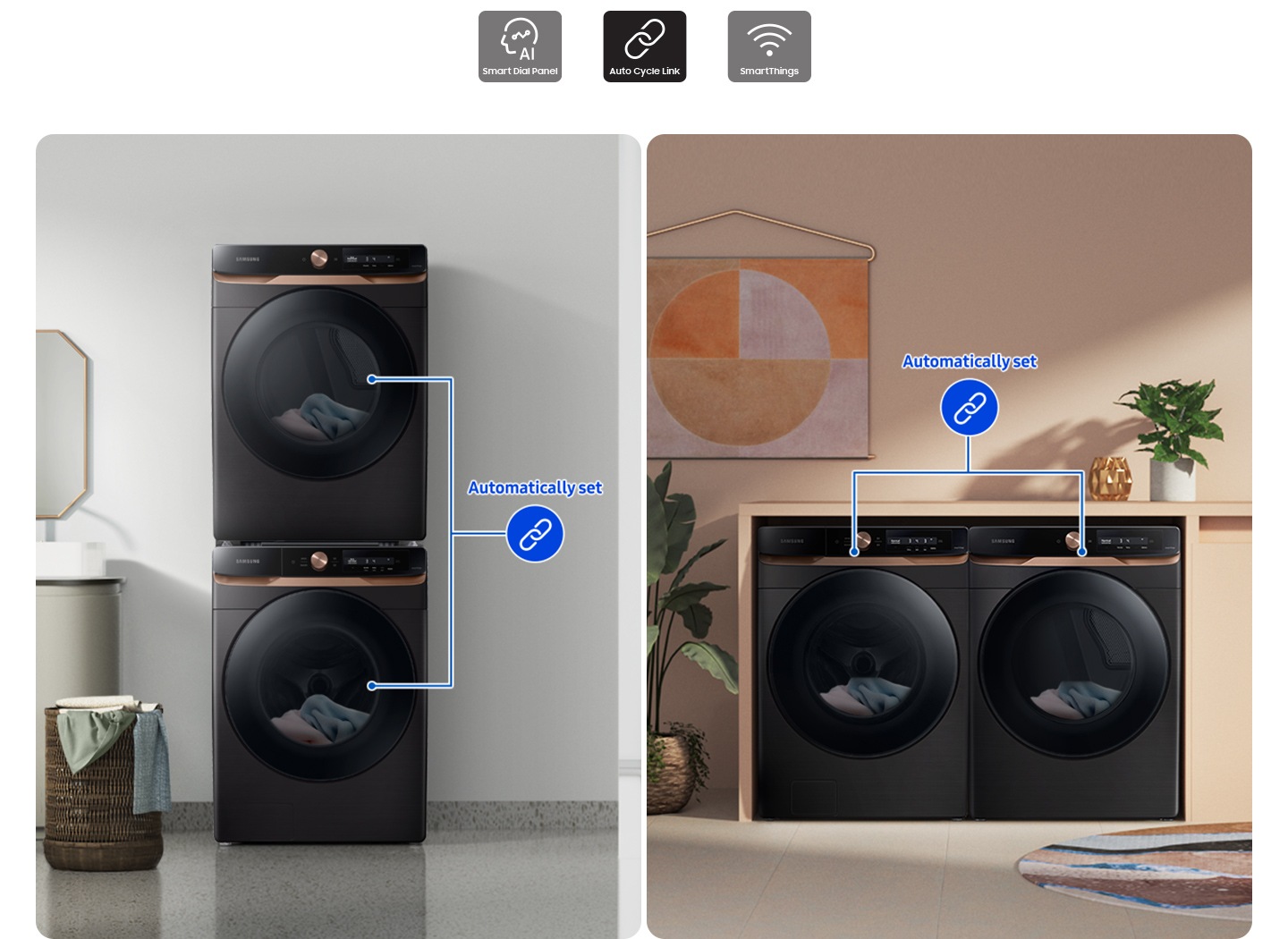 Two sets of washers and dryers are placed differently in two separate living spaces. Drying cycles are automatically set.