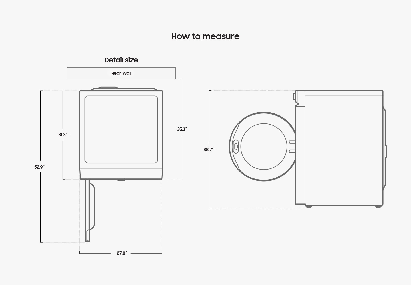 Width 686mm, height 984mm, depth 794mm, depth with door open 1344mm, install depth 896mm.