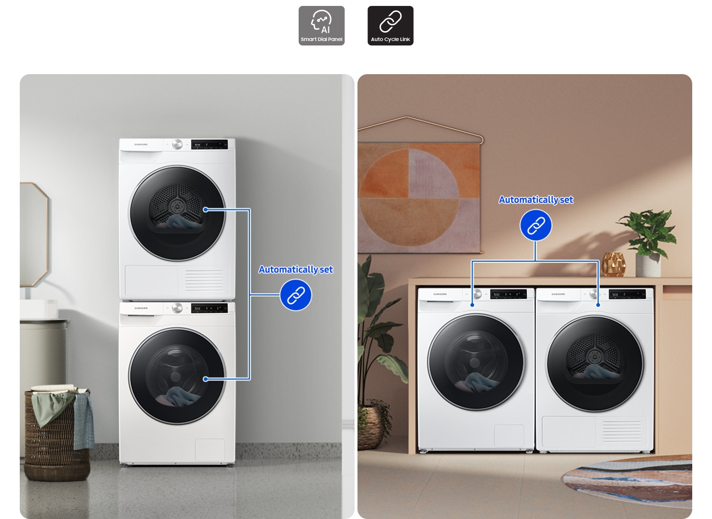 Two sets of washers and dryers are placed differently in two separate living spaces. Drying cycles are automatically set.