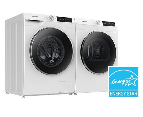 Washer and dryer are standing side by side. Energy Star logo is on the side.