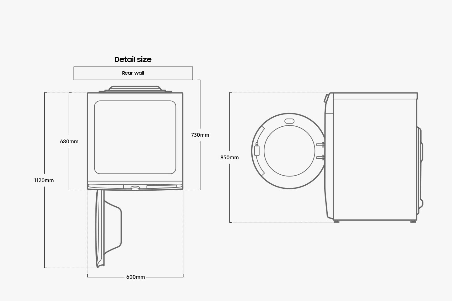 Width 600mm, height 850mm, depth 680mm, depth with door open 1120mm, install depth front from to rear wall 730mm.