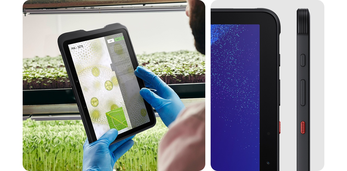 Робочий у рукавичках переглядає заводські дані на Galaxy Tab Active4 Pro. На пристрої крупним планом видно активну клавішу і бічні кнопки.