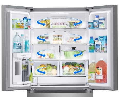 The interior of the fridge is visible, and an arrow indicates the spread of cold air throughout.
