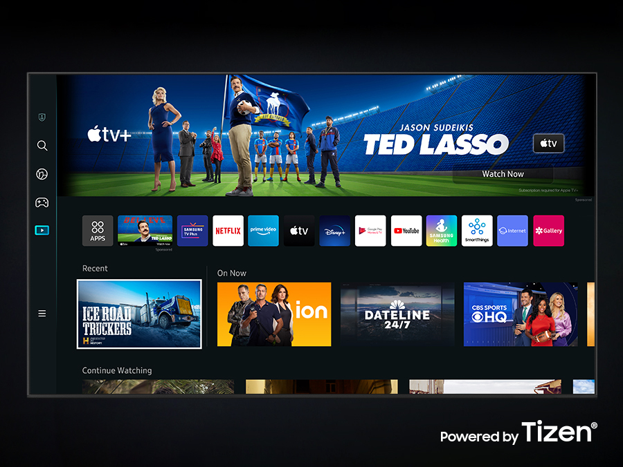 The new Smart Hub UI powered by Tizen is displayed to show a wide variety of OTT services and content being serviced. 