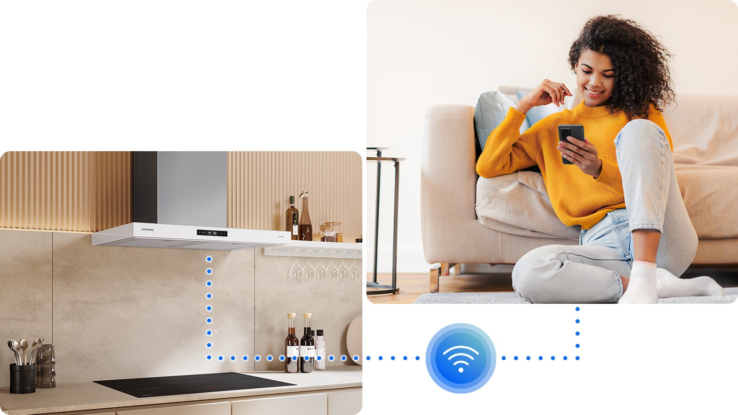 NK8000 is installed in the kitchen with a cooktop, and a woman is monitoring the hood status remotely near the sofa via the SmartThings app on her smartphone.