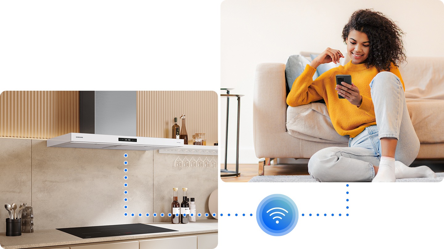 NK8000 is installed in the kitchen with a cooktop, and a woman is monitoring the hood status remotely near the sofa via the SmartThings app on her smartphone.