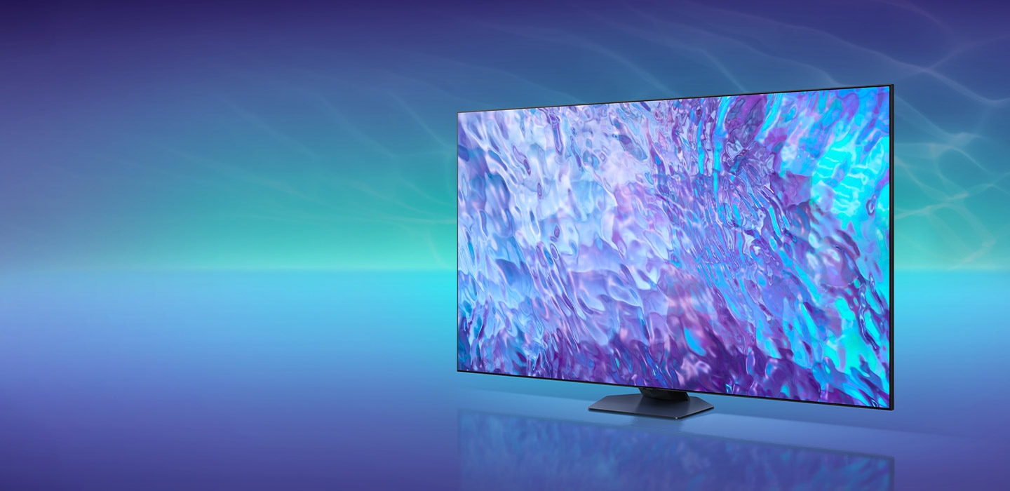 A QLED TV is displaying blue graphic on its screen.